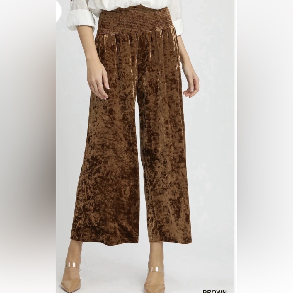Umgee Velvet Smocked Waistband Wide Leg Pants